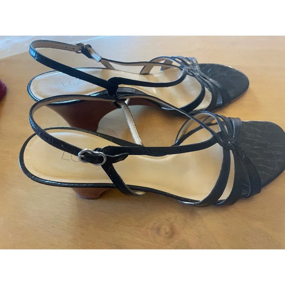 Ann Taylor LOFT Black Croc Embossed Leather Wooden Wedge Sandals Womens 9M